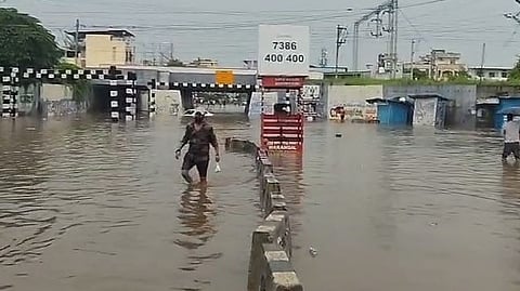 Warangal Under bridge in Shiva Nagar under GWMC limits flooded on Aug 12, 2025. 