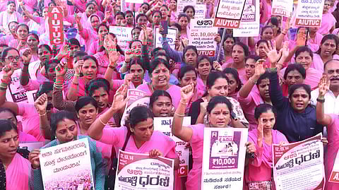 ASHA workers demonstrate a 3-day protest at Freedom Park starting on Tuesday.