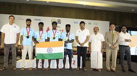 Medal winners from India with TN sports minister Udhayanidhi Stalin (4th R)