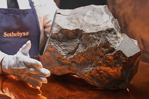 A Martian meteorite, weighing 54.388 lbs. (24.67 kg), said to be the largest piece of Mars on Earth, at Sotheby’s, in New York, July 9, 2025. was sold for just over $5-million at an auction of rare geological and archaeological objects. at Sotheby’s, Wednesday, July 16, 2025. 