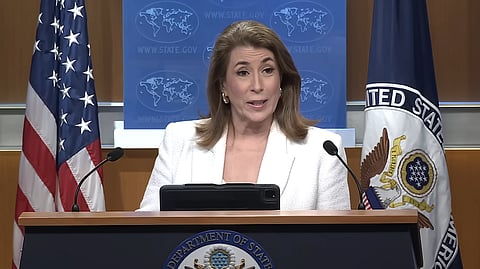US State Department Spokesperson Tammy Bruce addresses a weekly press briefing in Washington on Tuesday, Aug. 12, 2025.