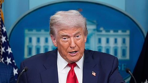 President Donald Trump speaks with reporters in the James Brady Press Briefing Room at the White House, Monday, Aug. 11, 2025, in Washington. 