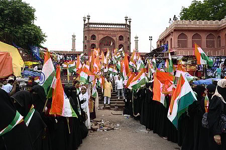 People participating in ‘Tiranga Yatra’ ahead of Independence Day celebrations at Jama Masjid on Wednesday.