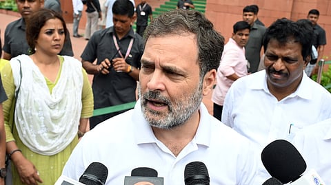 Lok Sabha LoP and Congress MP Rahul Gandhi speaks to the media at Parliament premises during the monsoon session, in New Delhi