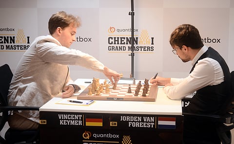 (L)Vincent Keymer facing Jorden van Foreest on Thursday