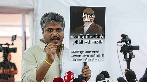 In this photo from July 3, 2025, NCP (SP) MLA Rohit Pawar speaks to the media at Vidhan Bhavan, in Mumbai.