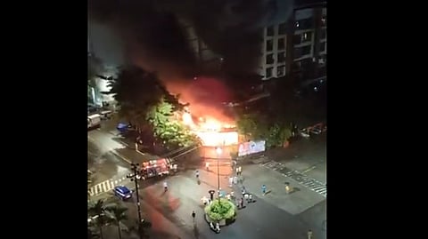 Flames engulf the Parsik Cafe in Thane, Mumbai.