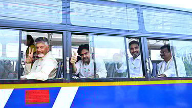 CM Nara Chandrababu Naidu, deputy CM Pawan Kalyan and minister for IT Nara Lokesh during the launch of free bus travel for women scheme Stree Shakt