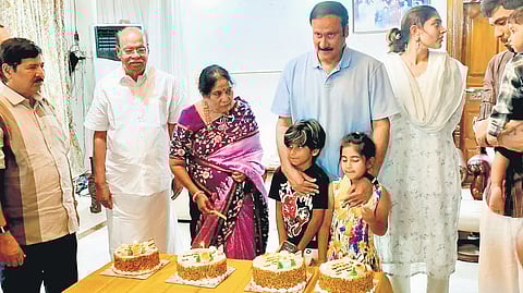 PMK founder Dr S Ramadoss and Dr Anbumani Ramadoss during the birthday celebration of the former’s wife Saraswathi Ammal in Villupuram