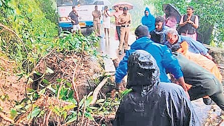 Landslip that occurred at the 21st hairpin bend at Ponmudi on Friday