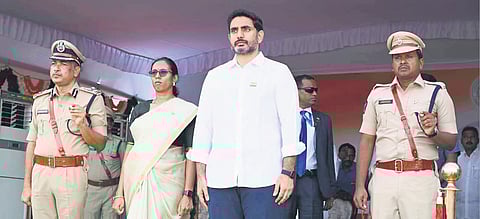 HRD Minister N Lokesh urges citizens to follow Mahatma Gandhi’s principles during the 79th Independence Day celebrations in Guntur on Friday 