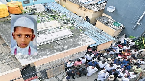 Fireforce and SDRF personal clearing debris after a cylinder blast at Wilson garden in Bengaluru on Friday; the deceased Mubarak (Inset)