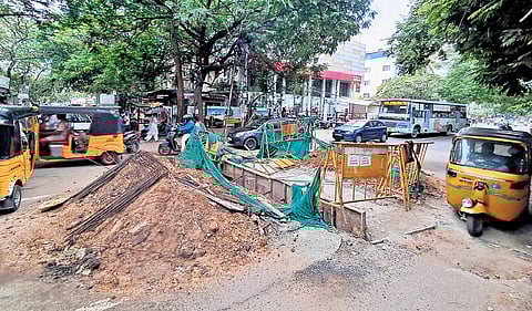 The Eldams Road dug for underground drainage work has been causing 
peak-hour traffic snarls 