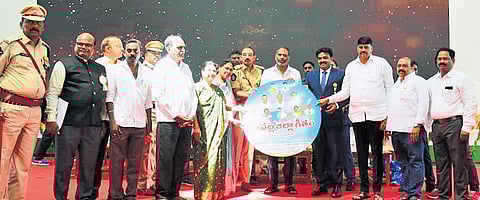 State Energy Minister Gottipati Ravi Kumar and Collector J Venkata Murali unveiling the Bapatla district Anthem at Bapatla Women’s Engineering College.