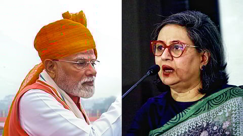(L) Prime Minister Narendra Modi delivers the 79th Independence Day address; (R) TMC Rajya Sabha member Sagarika Ghose speaks at a press conference.