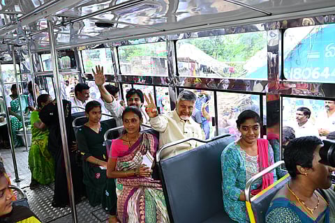 CM Chandrababu Naidu, Deputy CM Pawan Kalyan, and HRD Minister Nara Lokesh travel in an RTC bus to mark the launch of Stree Shakti Scheme on Friday.