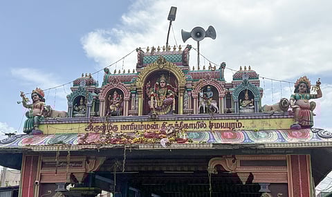 The damaged portion of the cement plastering of the front arch in Samayapuram temple in Tiruchy. 