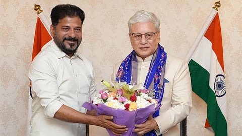 Chief Minister A Revanth Reddy (L) and  Governor Jishnu Dev Varma