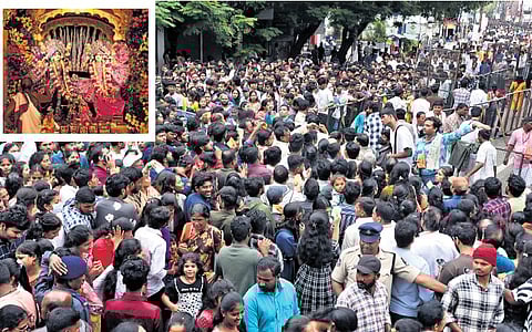 Devotees throng ISKON temple at Abids in Hyderabad for Krishna Janmashtami on Saturday 