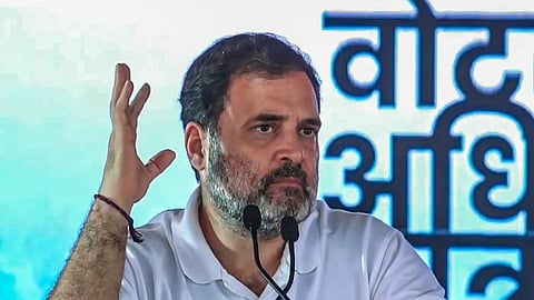 LoP in the Lok Sabha and Congress leader Rahul Gandhi addresses the gathering during the 'Voter Adhikar Yatra' in Sasaram on Sunday, Aug. 17, 2025.