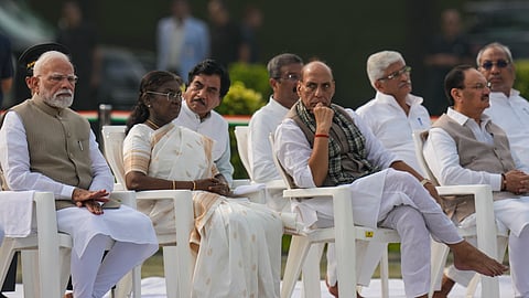 President Droupadi Murmu, Prime Minister Narendra Modi, Union Ministers Rajnath Singh and JP Nadda at Sadaiv Atal to pay tributes to former PM Atal Bihari Vajpayee on his death anniversary, in New Delhi.