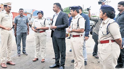 Eagle Cell IG RK Ravi Krishna and SP G Krishnakanth visit the crime spot in Nellore City on Sunday 