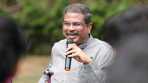 Education Minister Dharmendra Pradhan interacting with students at IIT Delhi on Sunday.