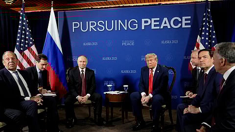 US President Donald Trump meets with Russia's President Vladimir Putin on Friday, Aug. 15, 2025, at Joint Base Elmendorf-Richardson, Alaska. At left is Russia's Foreign Minister Sergey Lavrov and second from right is Secretary of State Marco Rubio.