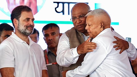 Congress President Mallikarjun Kharge, LoP in the Lok Sabha Rahul Gandhi and RJD Chief Lalu Prasad Yadav during the 'Voter Adhikar Yatra', in Sasaram. 