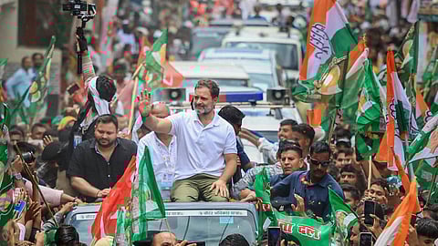  In this image released by @INCIndia via X on Aug. 18, 2025, LoP in the Lok Sabha and Congress leader Rahul Gandhi, LoP in Bihar Assembly and RJD leader Tejashwi Yadav, party state president Rajesh Kumar during 'Voter Adhikar Yatra'.