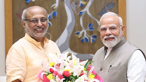 In this image released by @narendramodi via X on Aug. 18, 2025, Prime Minister Narendra Modi with Maharashtra Governor CP Radhakrishnan during a meeting, in New Delhi. CP Radhakrishnan was announced as the vice presidential candidate of the National Democratic Alliance (NDA). 