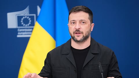 Ukraine's President Volodymyr Zelenskyy speaks during a media conference at EU headquarters in Brussels, Belgium, Sunday, Aug. 17, 2025.