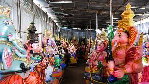 Vinayagar idols displayed for Chaturthi celebration sale in Tiruchy on Tuesday
