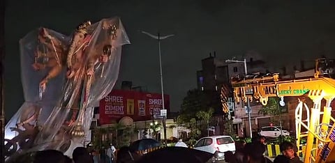 The 22-foot Ganesh idol being transported on Monday night, Aug 18, 2025.