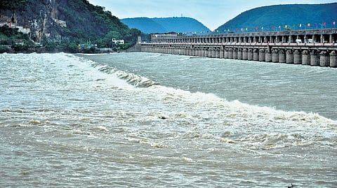 Flood water gushing out from Prakasam Barrage in Vijayawada