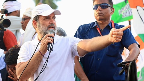 Congress leader and Lok Sabha LoP Rahul Gandhi speaks during the opposition's 'Voter Adhikar Yatra' in Bihar on Tuesday.