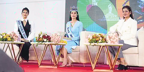Miss Asia Krishnah Gravidez, Miss World Opal Suchata Chuangsri and Miss World Organization Global Ambassador Sudha Reddy at the event in Dokiparru 