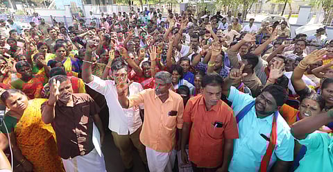 Sanitation workers associated with CITU, LPF and LLF during their strike at the city corporation office.