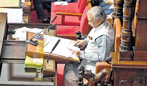 Council Chairman Basavaraj Horatti oversees proceedings during the monsoon session at Vidhana Soudha on Tuesday.