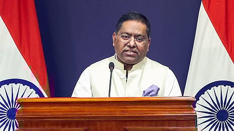 MEA spokesperson Randhir Jaiswal addresses a press conference in New Delhi.