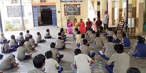 Students of Thennur Middle School in Tiruchy present their "Conversation Diaries" before teachers as part of a new initiative to strengthen Tamil language skills through everyday dialogues: