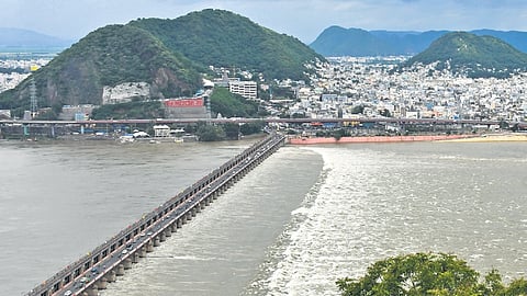 A bird’s eye view of Prakasam Barrage in Vijayawada where 4.42 lakh cusecs of water was released downstream on Wednesday.