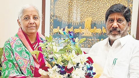 Deputy CM Mallu Bhatti Vikramarka greets Union Finance Minister Nirmala Sitharaman in New Delhi on Thursday