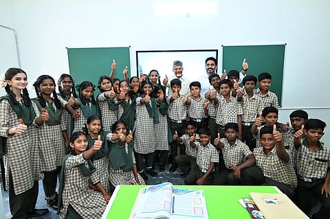 
CM Nara Chandrababu Naidu and Minister for Education Nara Lokesh during the Mega Parent Teachers meeting in Kothacheruvu Mandal of Anantapur district on Thursday.