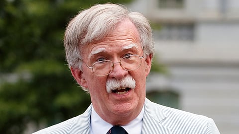 In this July 31, 2019 file photo, then US National security adviser John Bolton speaks to media at the White House in Washington. 