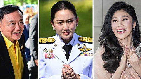 Thailand's former prime minister Thaksin Shinawatra, Thailand's Prime Minister Paetongtarn Shinawatra and former Thai prime minister Yingluck Shinawatra (L-R)