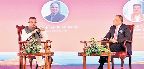 Union Education Minister Dharmendra Pradhan in conversation with GFTN group CEO Sopnendu Mohanty at a fireside chat 