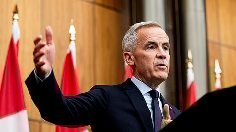 Canadian Prime Minister Mark Carney speaks during a news conference at the National Press Theatre in Ottawa on Friday, Aug. 22, 2025.