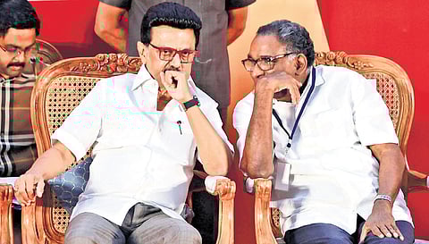 Chief Minister MK Stalin with Justice (retd) Jasti Chelameswar at the national seminar on union-state relations in Chennai on Saturday.