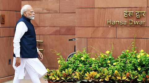 Prime Minister Narendra Modi arrives at the Parliament premises.